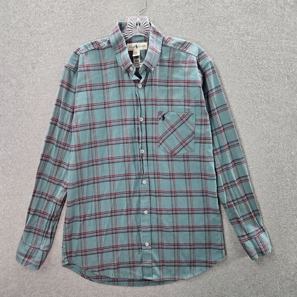 Ralph Lauren Boys Button Up Shirt XL Blue Grid Plaid Long Sleeve Collar
